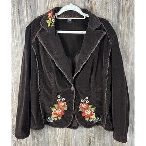 Vtg KIKIT JEANS XL Brown Corduroy Floral Embroidered Blazer Jacket Y2k Boho Chic
